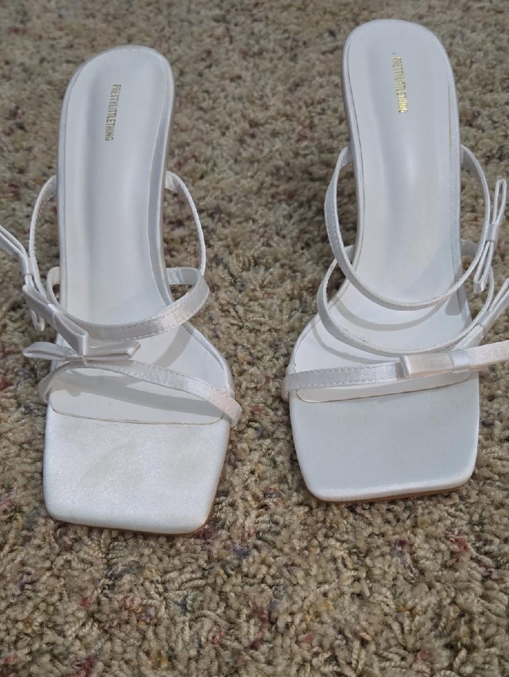 PrettyLittleThing White Satin Strappy Square Toe Heels